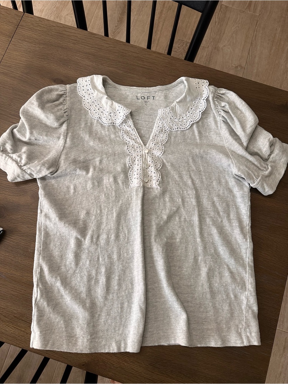 LOFT Light Gray Short Sleeve Top with White Eyelet Collar